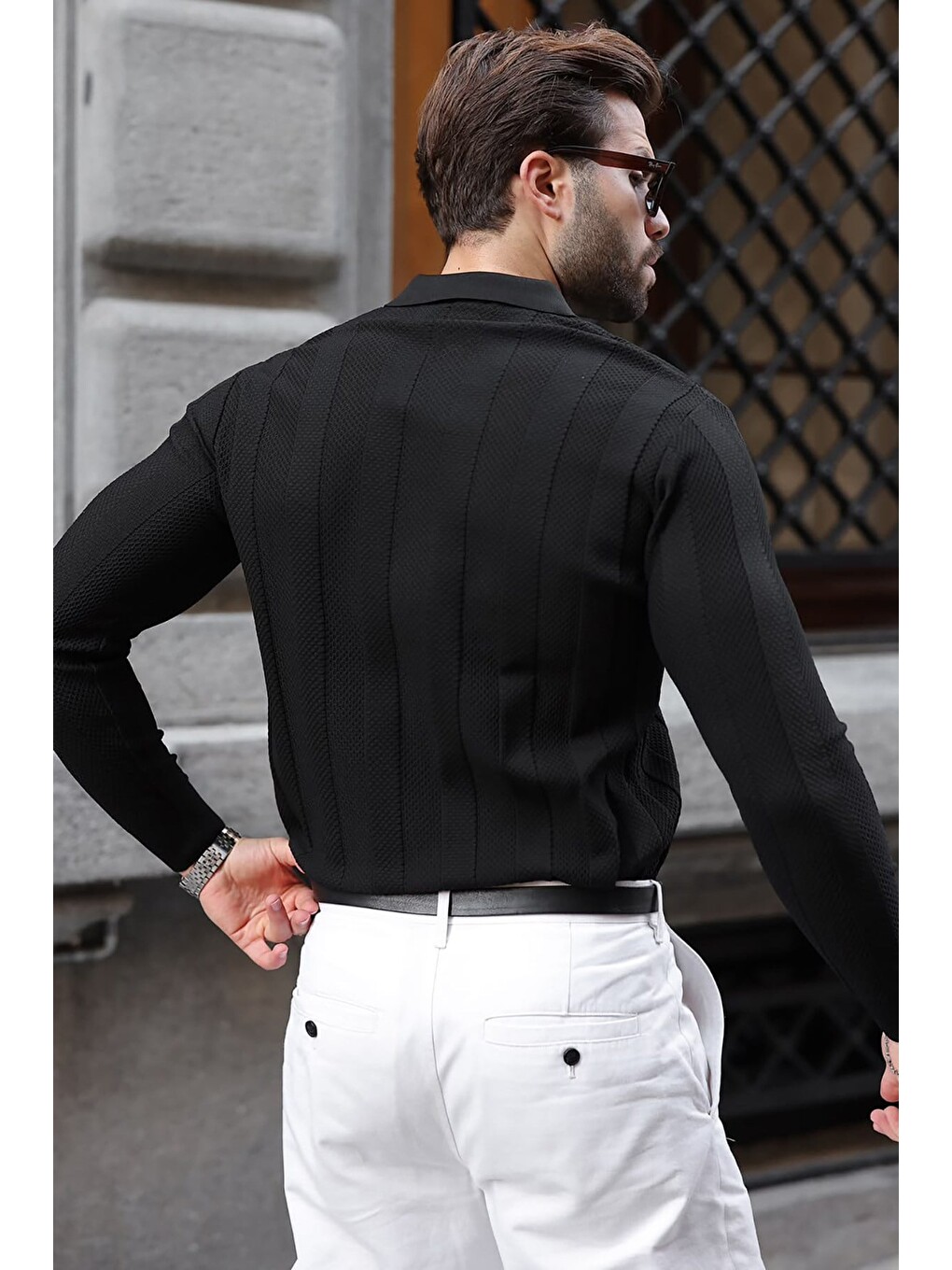 Siyah Regular Fit Polo Yaka Triko Erkek Kazak E7509-2