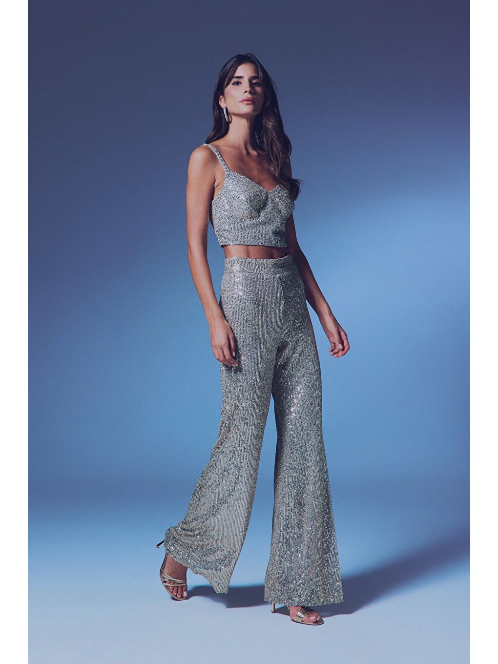 Kalın Askılı Payet Crop - Bej-5