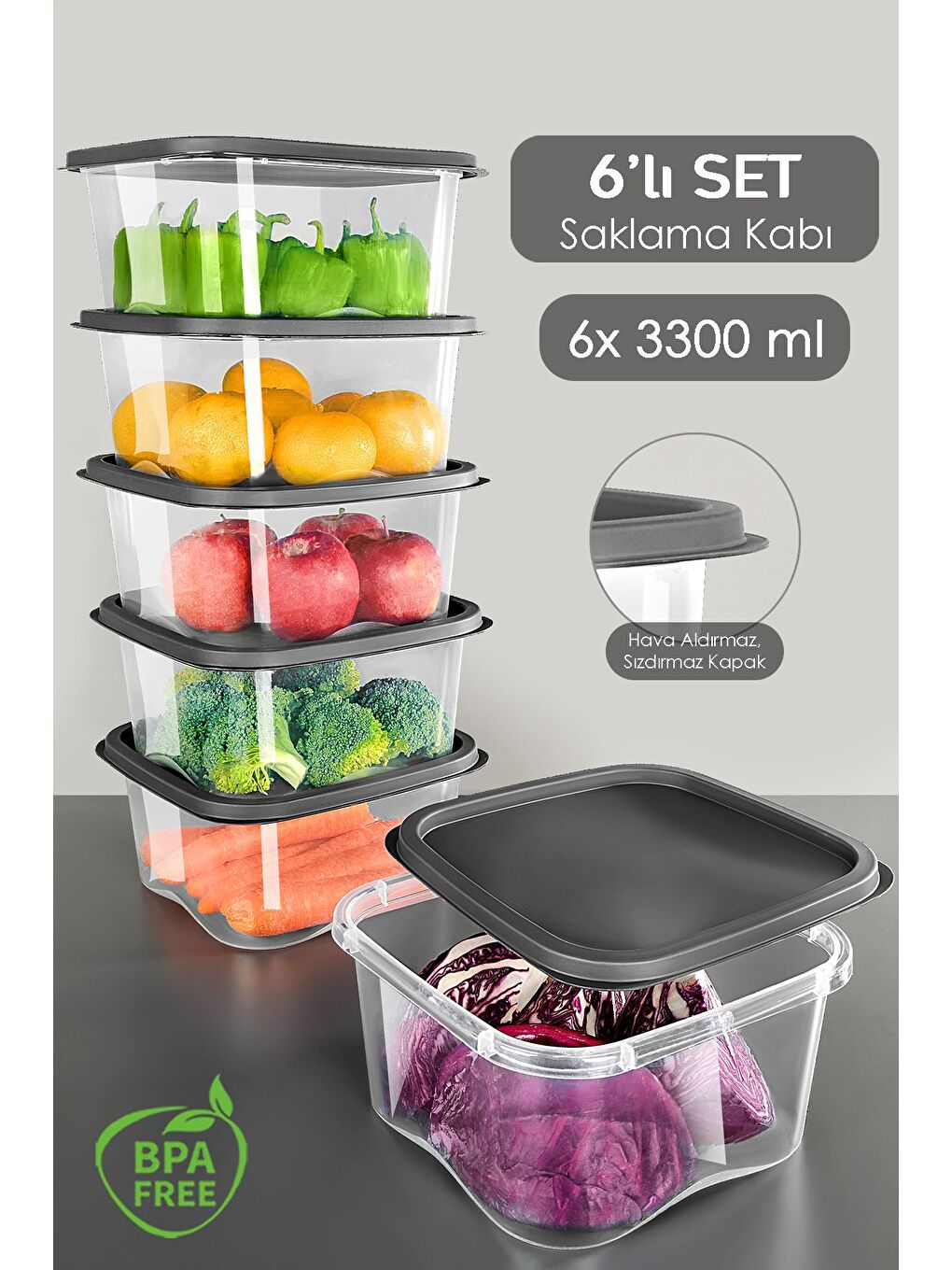 Gri 6 Adet Kare Erzak Gıda Saklama Kabı 3300 ml Antrasit