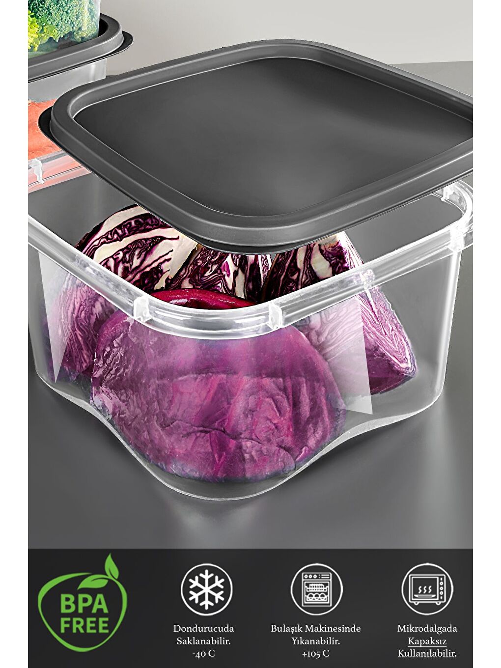 Gri 6 Adet Kare Erzak Gıda Saklama Kabı 3300 ml Antrasit-1