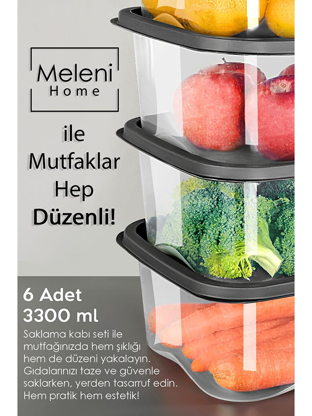 Gri 6 Adet Kare Erzak Gıda Saklama Kabı 3300 ml Antrasit-2