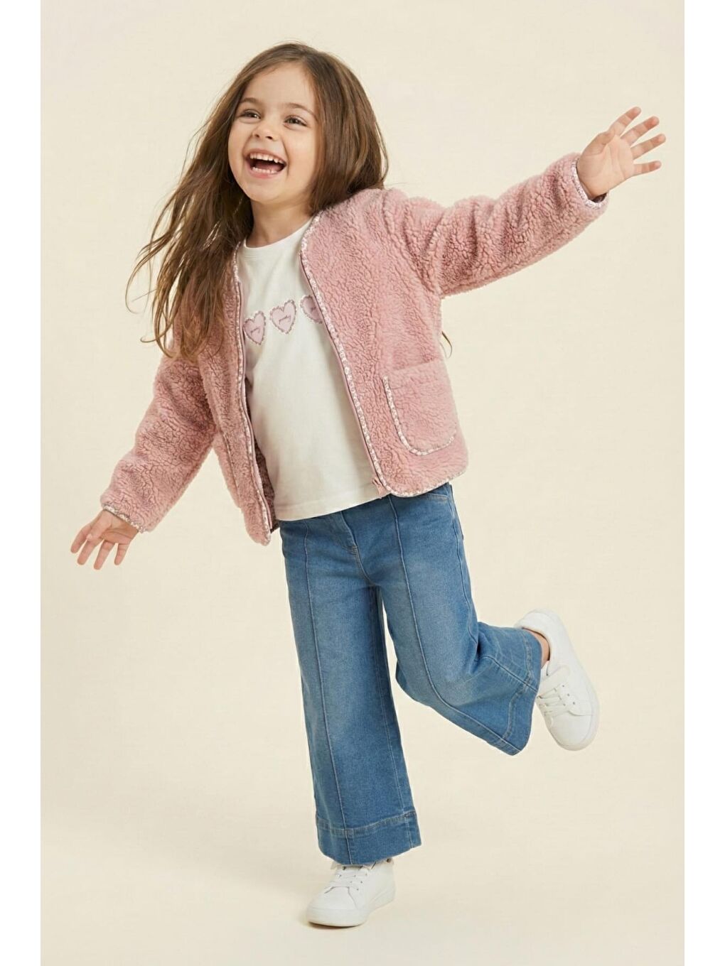 Pembe Kız Çocuk Ceketli 3'Lü Takım - Pudra-1