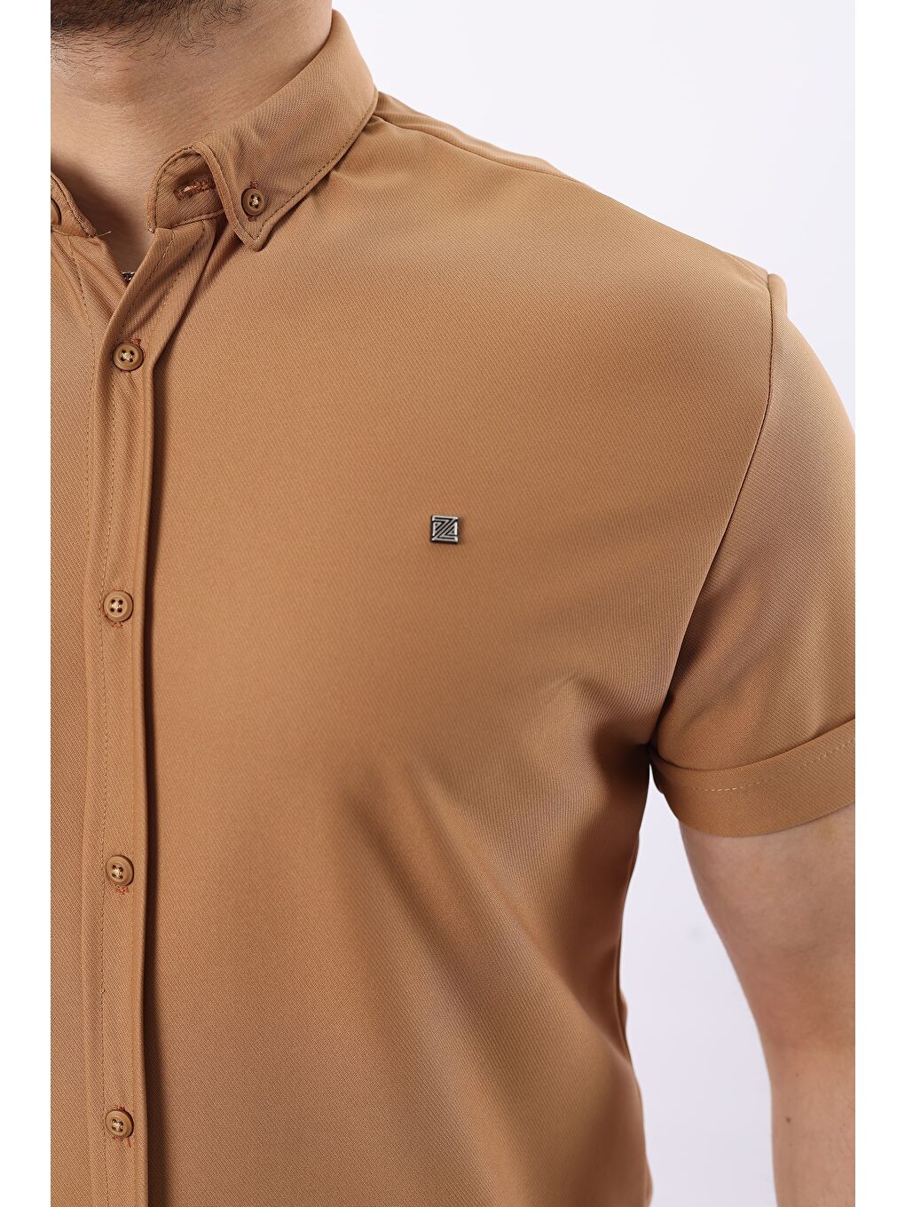 Kahverengi Erkek Kısa Kollu Slim Fit Yazlık Basic Gömlek-1