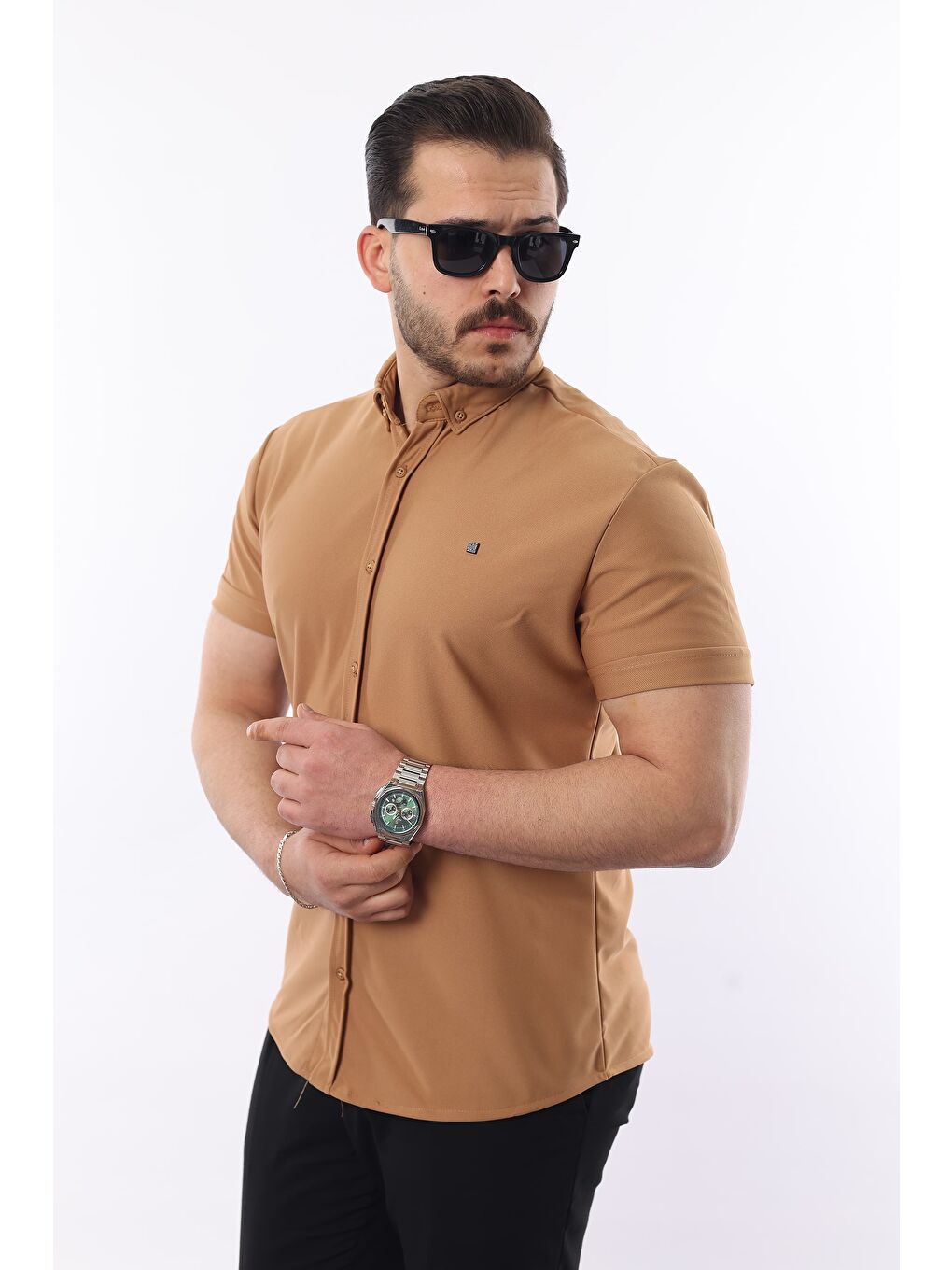 Kahverengi Erkek Kısa Kollu Slim Fit Yazlık Basic Gömlek-2