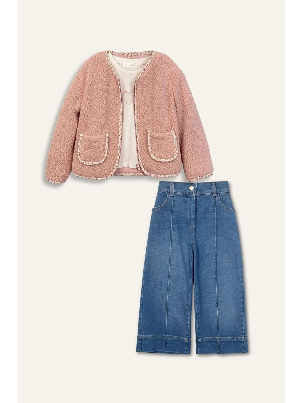 Pembe Kız Çocuk Ceketli 3'Lü Takım - Pudra-3