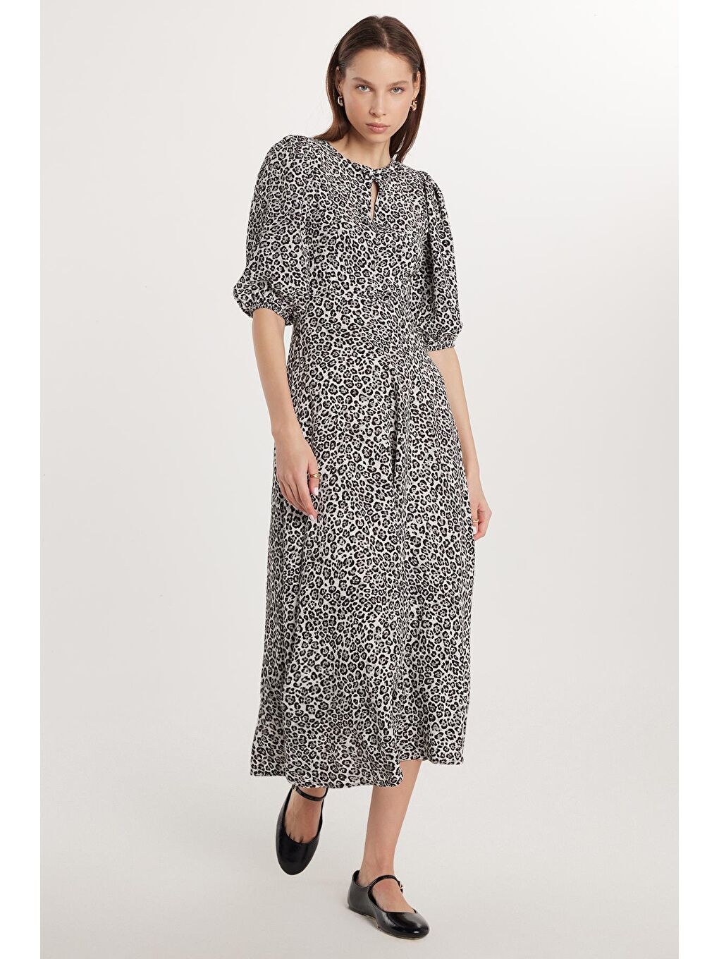 Karışık Kadın Regular Fit Klasik Kesim Balon Kol Leopar Desenli Elbise-1