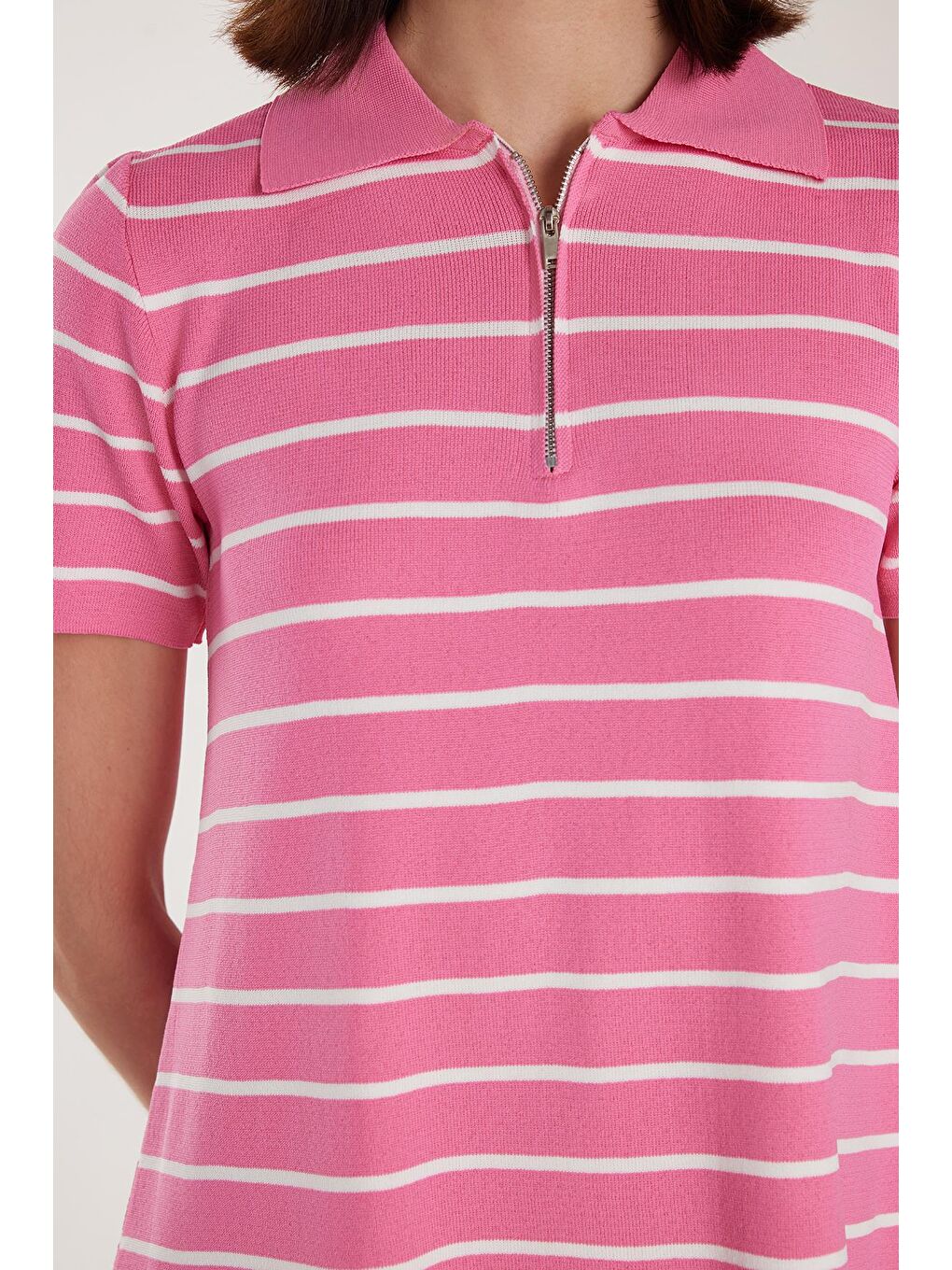 Kadın Standart Fit Kısa Kollu Fermuarlı Gömlek Yaka Çizgili Pembe Elbise-2