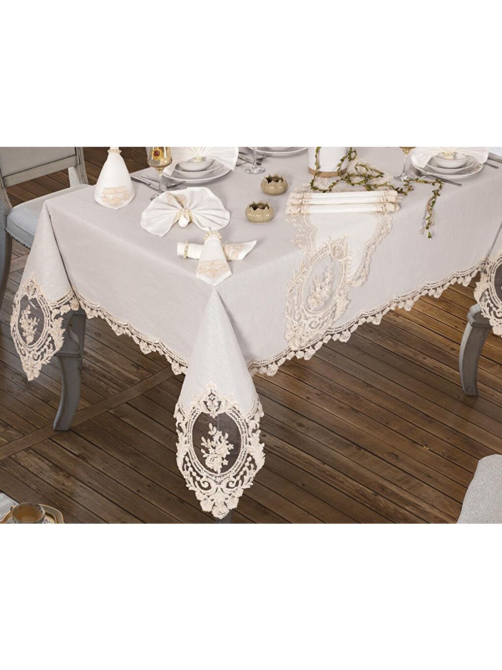 Ekru Kösem Masa Örtüsü 160x260 Cm 26 Parça Krem-1