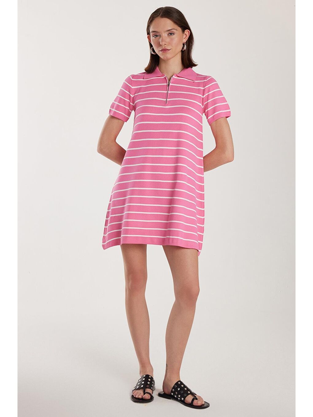 Kadın Standart Fit Kısa Kollu Fermuarlı Gömlek Yaka Çizgili Pembe Elbise-3