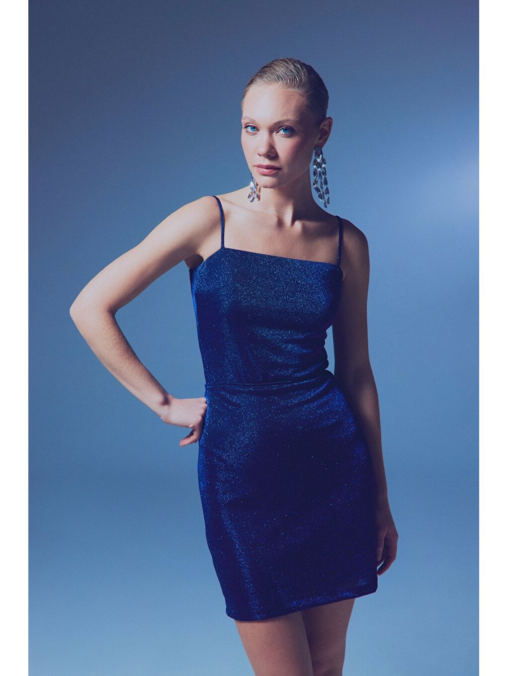 Simli İp Askılı Bodysuit - Sax Mavi-1