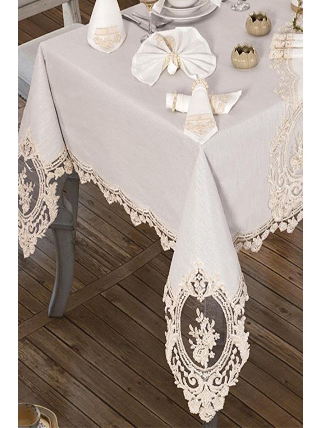 Ekru Kösem Masa Örtüsü 160x260 Cm 26 Parça Krem-3