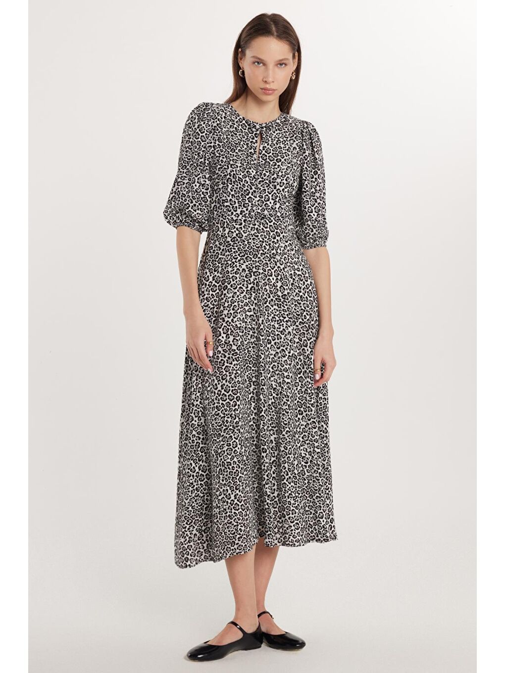 Karışık Kadın Regular Fit Klasik Kesim Balon Kol Leopar Desenli Elbise-3