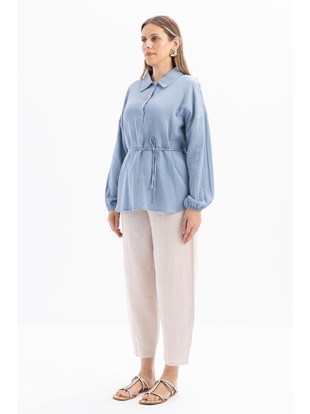 Mavi-Yarım Patlı Düğmeli Müslin Tunik-2