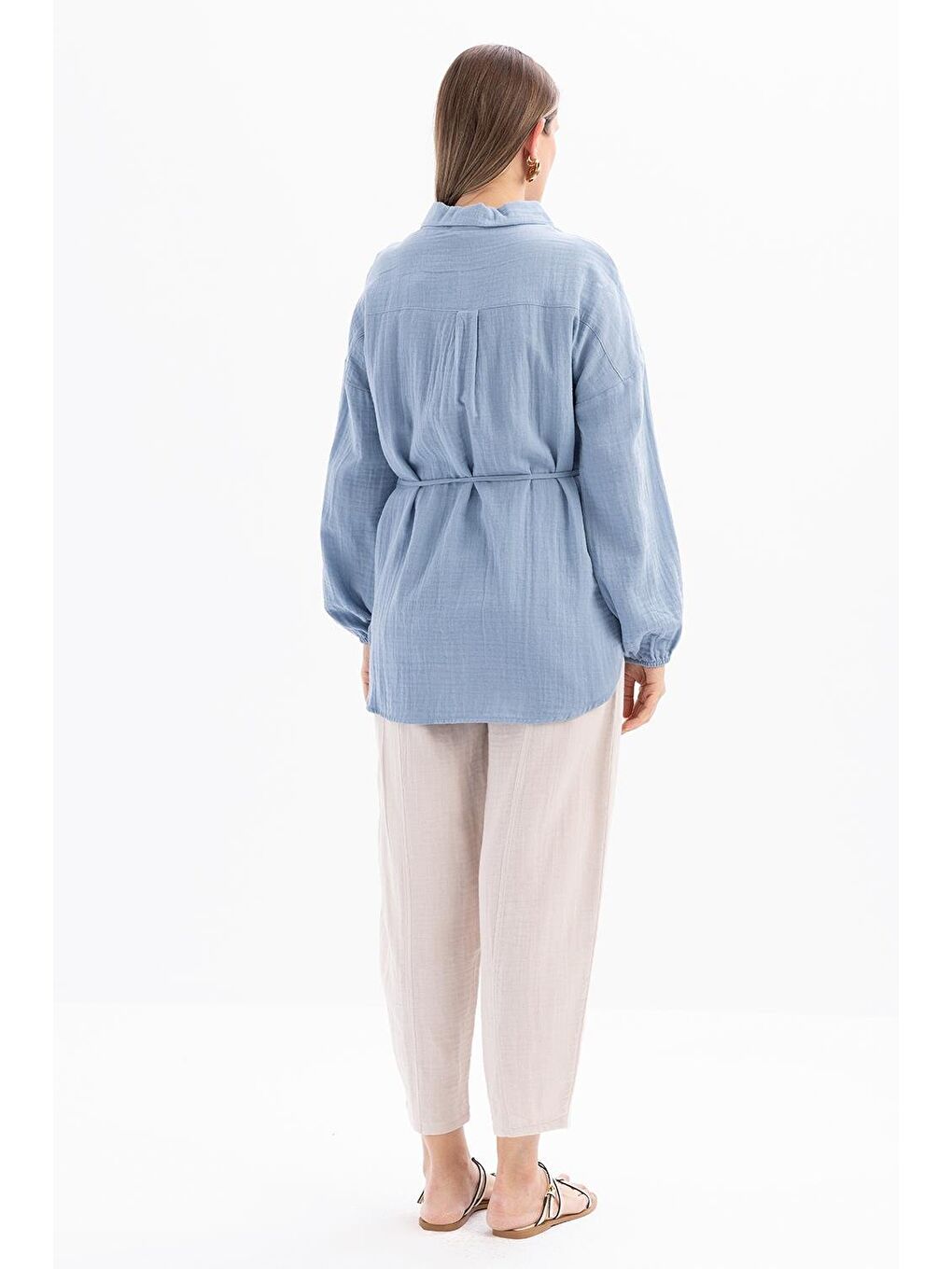 Mavi-Yarım Patlı Düğmeli Müslin Tunik-3