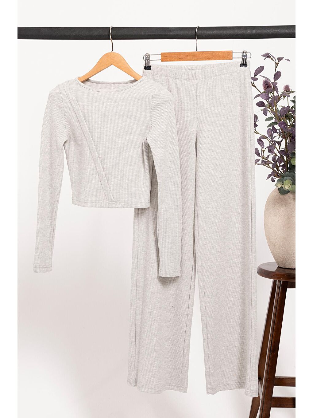 Waffle Kumaş Uzun Alt Üst Takım – Gri | %100 Pamuk Doğal Kumaş-2