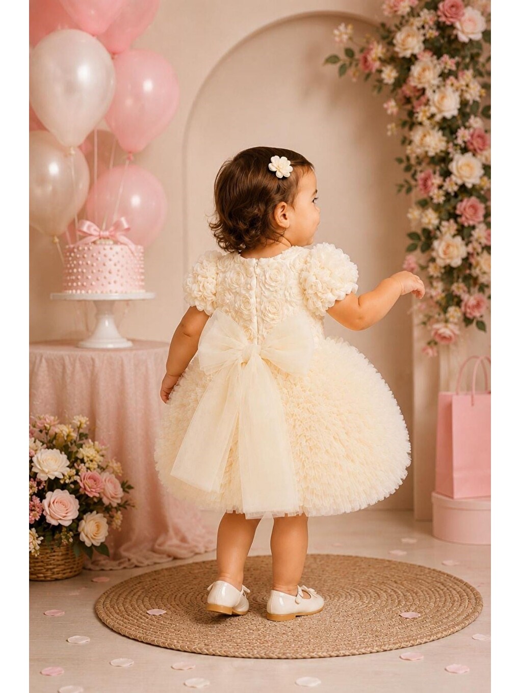 Ekru Kız Bebek 3d Gül Aplikeli Kabarık Tüllü Tütülü Payetli Elbise-3