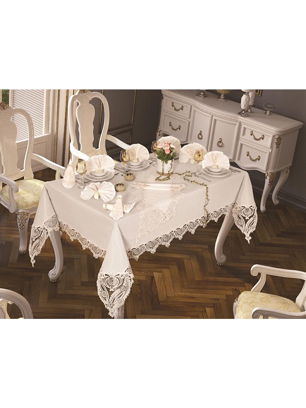 Ekru Rose Heart Masa Örtüsü 26 Parça Krem