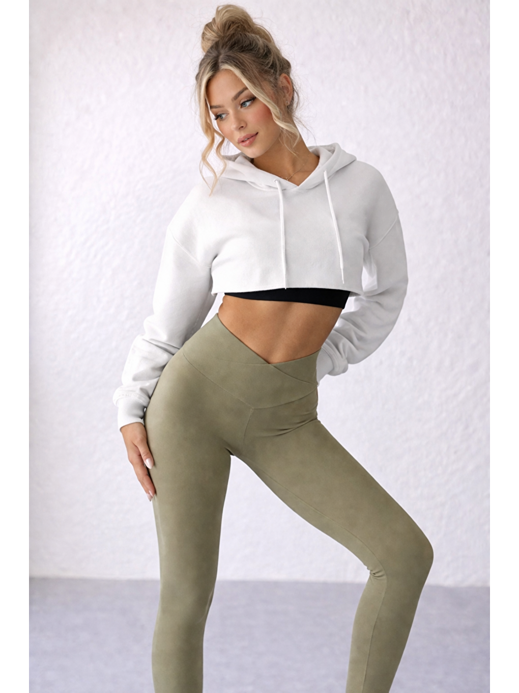 Yeşil Kadın Ekstra Yüksek Çapraz Kemer Bel Dalgıç Kumaş Esnek Spor Rahat Günlük Tayt