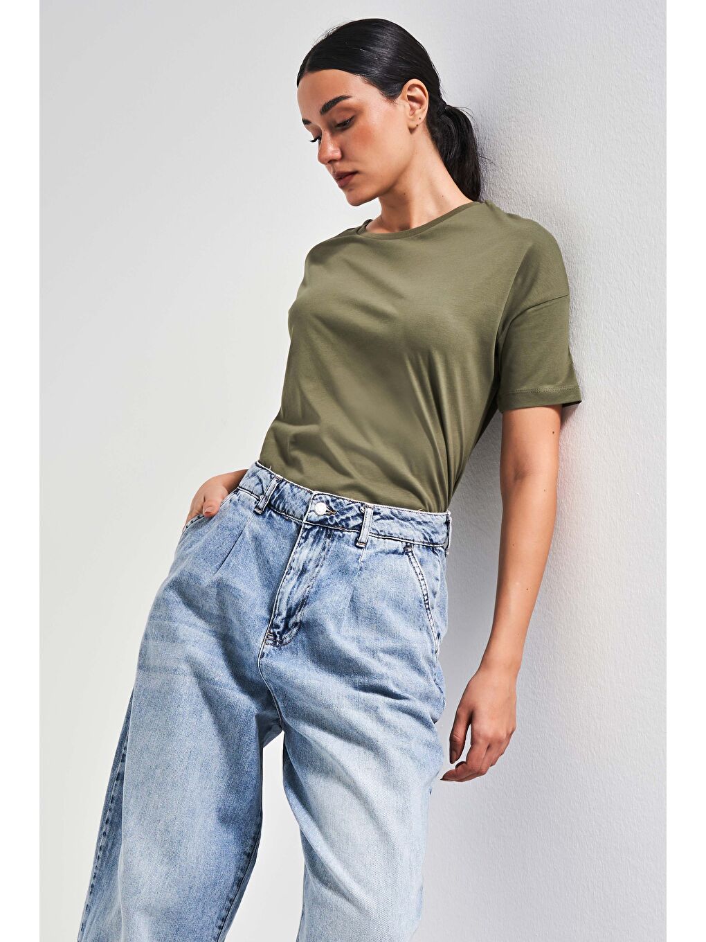 Kadın Haki Renk S5 %100 Pamuk Bisiklet Yaka Basic T-Shirt-1