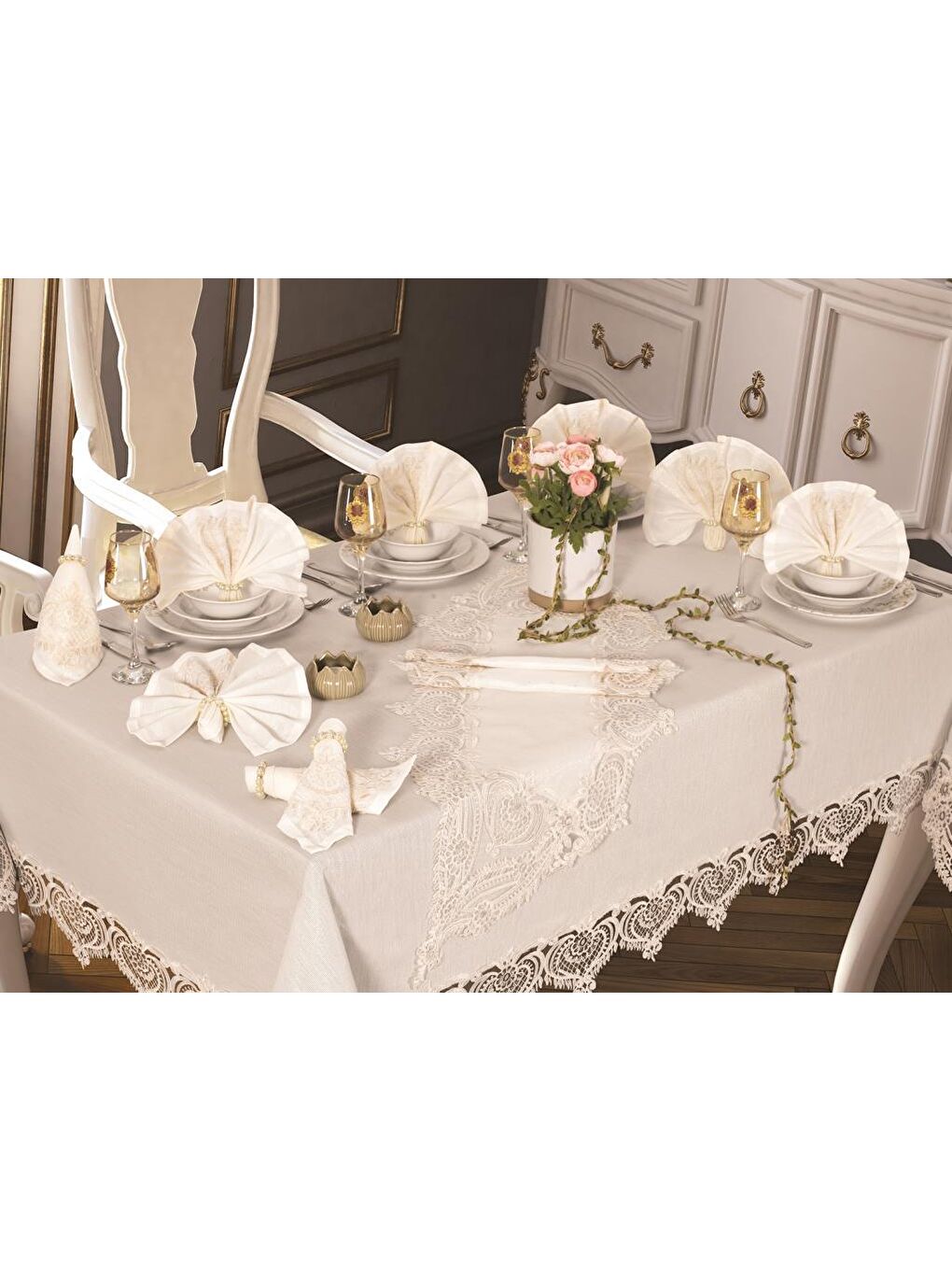 Ekru Rose Heart Masa Örtüsü 26 Parça Krem-2