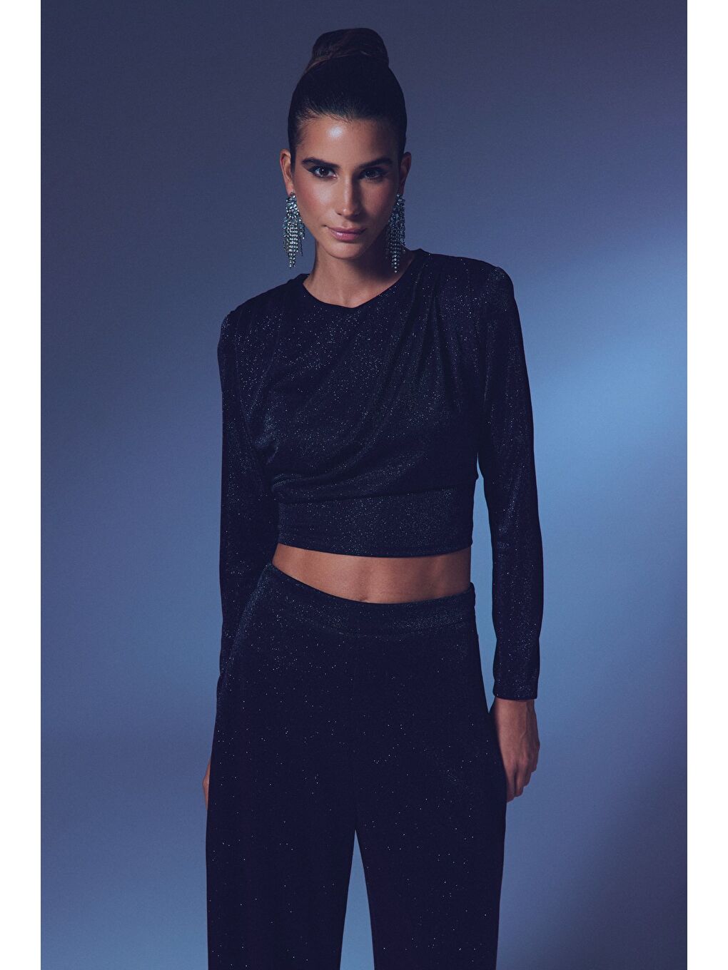 Vatkalı Simli Bluz - Siyah-3