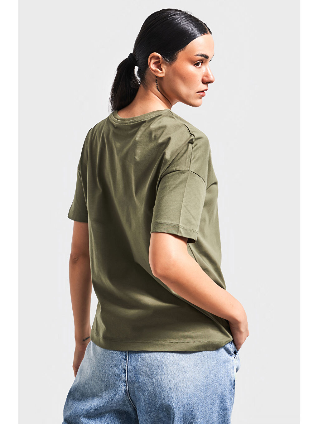 Kadın Haki Renk S5 %100 Pamuk Bisiklet Yaka Basic T-Shirt-2