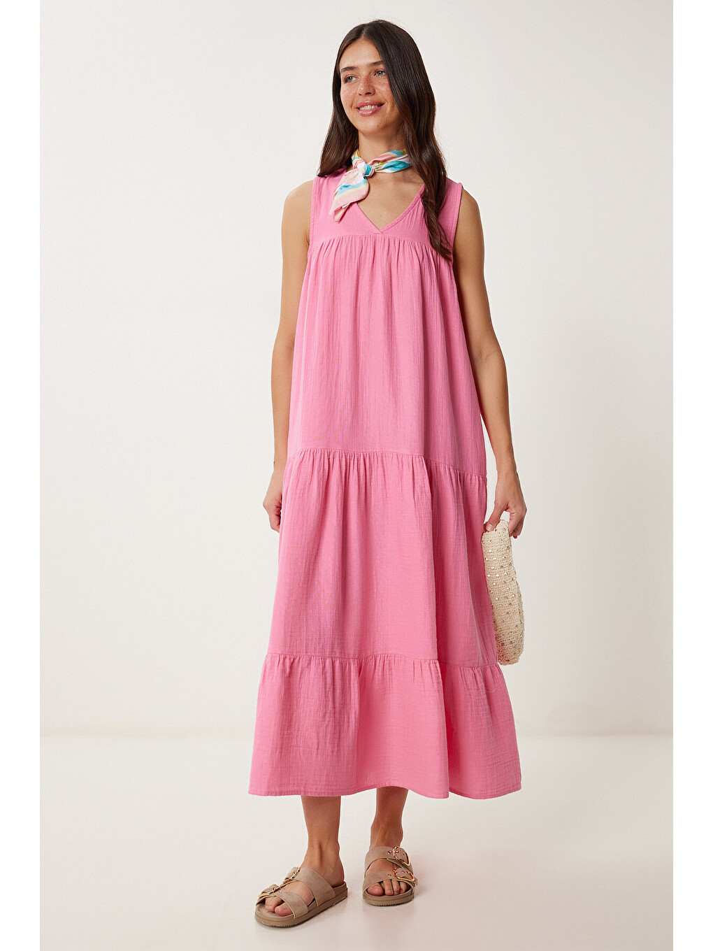 Pembe Volanlı Yazlık Müslin Elbise PEMBE LMX0087