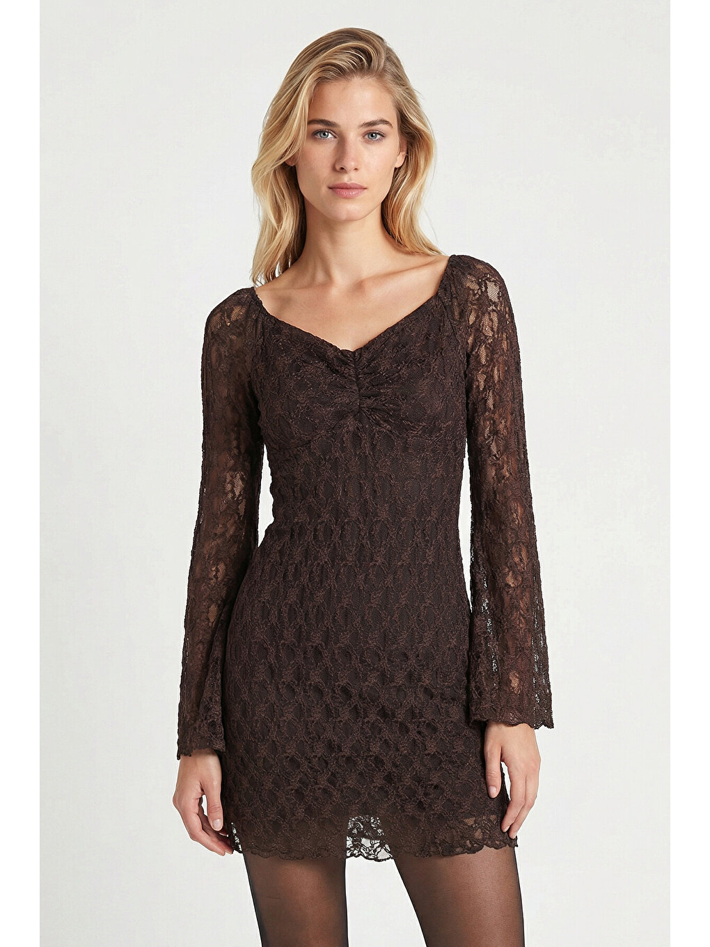 Kahverengi Dantel Mini Bardot Elbise KAHVERENGİ LZV0051