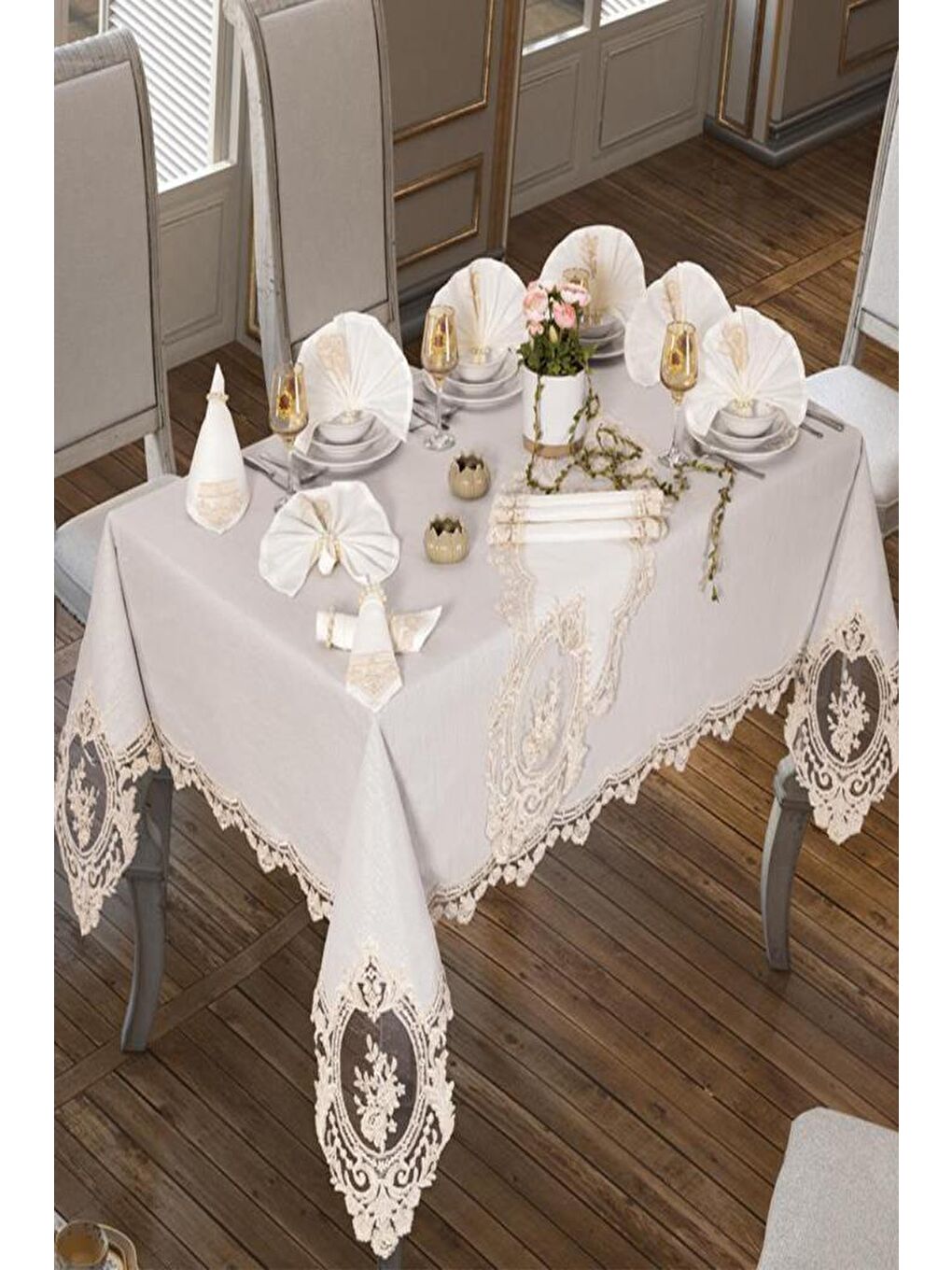 Ekru Kösem Masa Örtüsü 26 Parça Krem-2