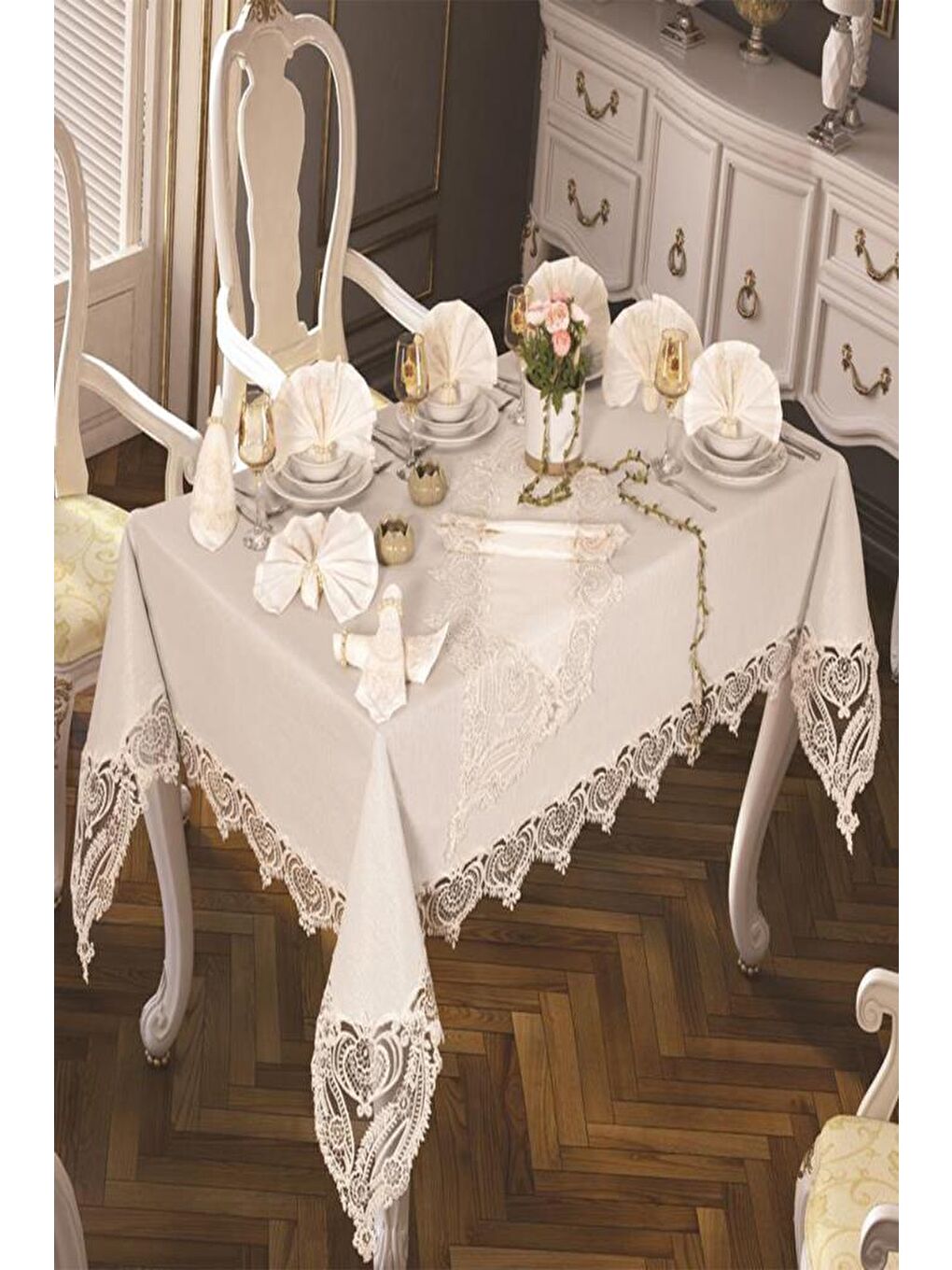 Ekru Rose Heart Masa Örtüsü 26 Parça Krem-3
