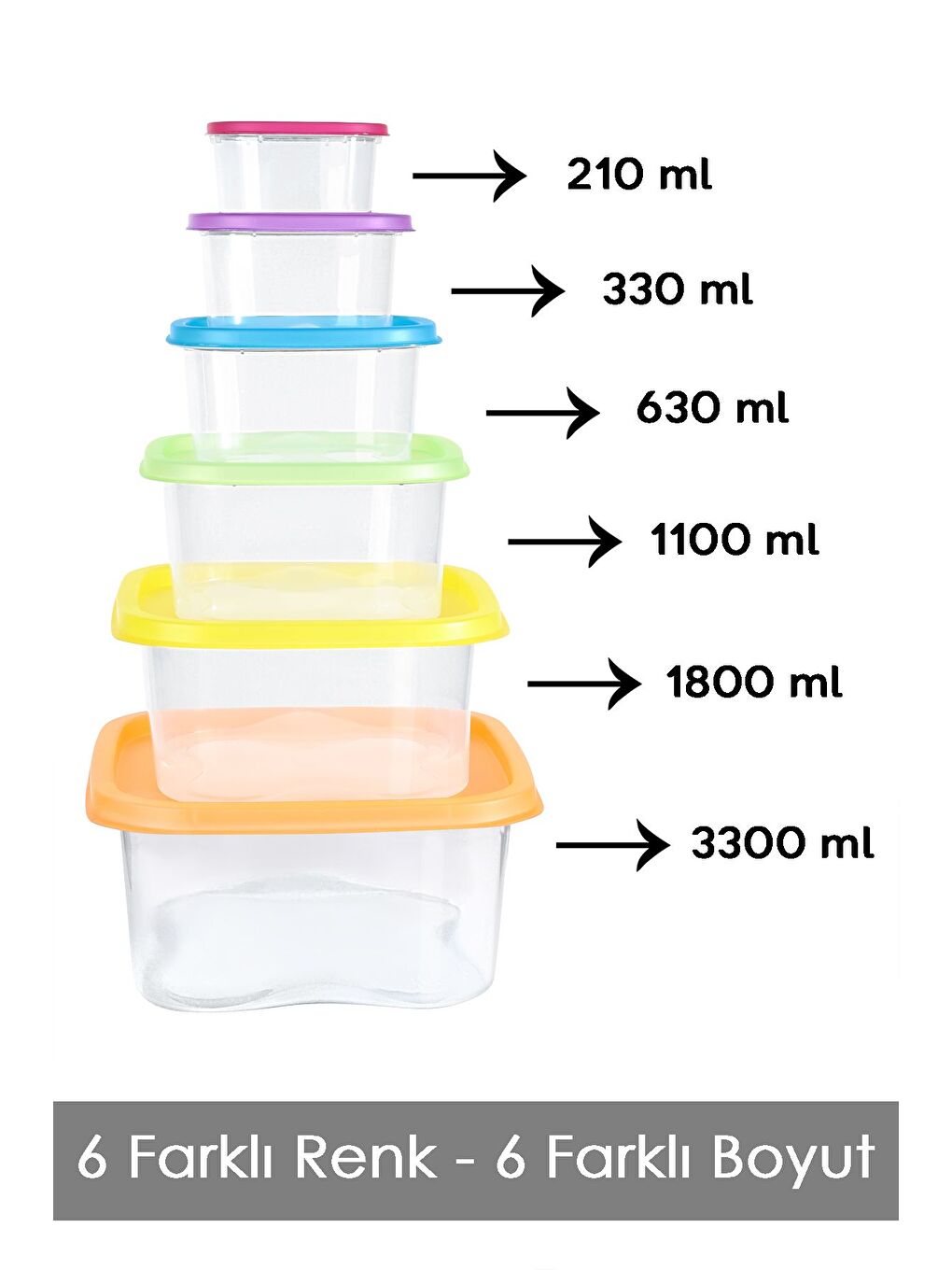 Karışık 6'lı Kare Erzak Gıda Saklama Kabı Seti Mikrodalga ve Derin Dondurucuya Uygun Saklama Kabı Renkli-1