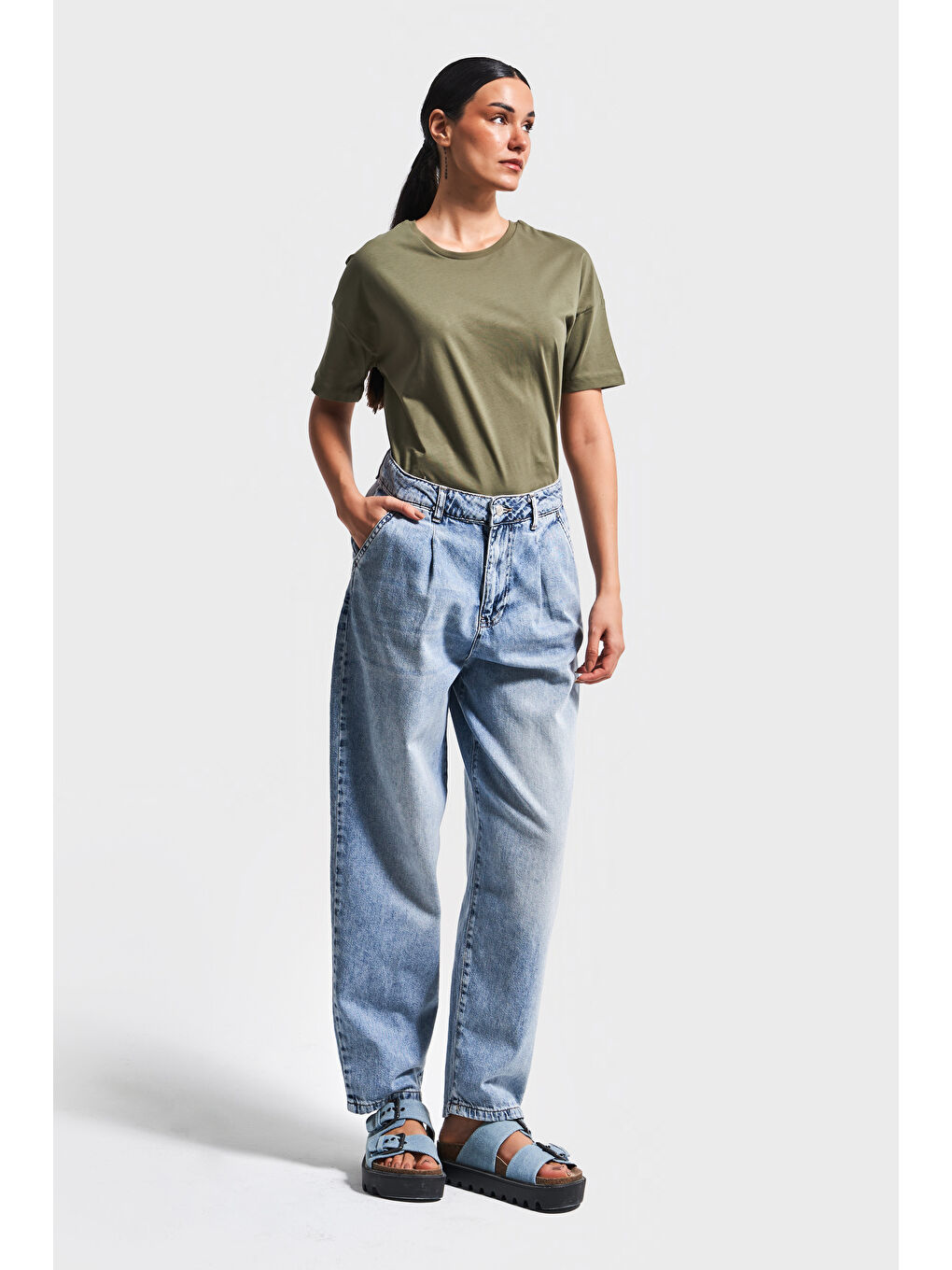 Kadın Haki Renk S5 %100 Pamuk Bisiklet Yaka Basic T-Shirt-3