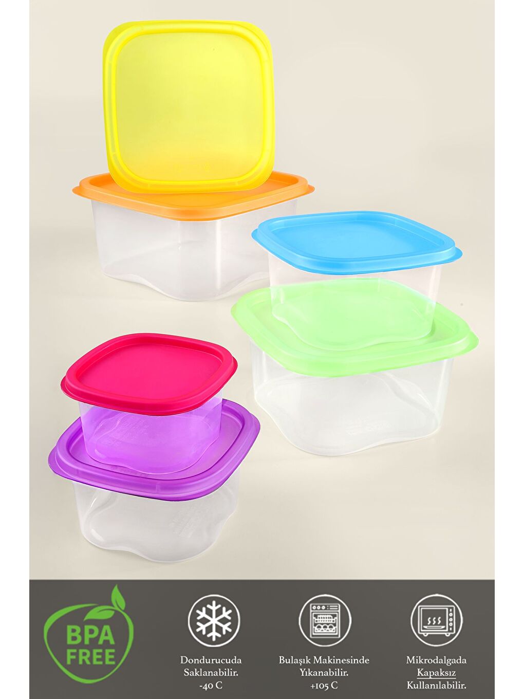 Karışık 6'lı Kare Erzak Gıda Saklama Kabı Seti Mikrodalga ve Derin Dondurucuya Uygun Saklama Kabı Renkli-2