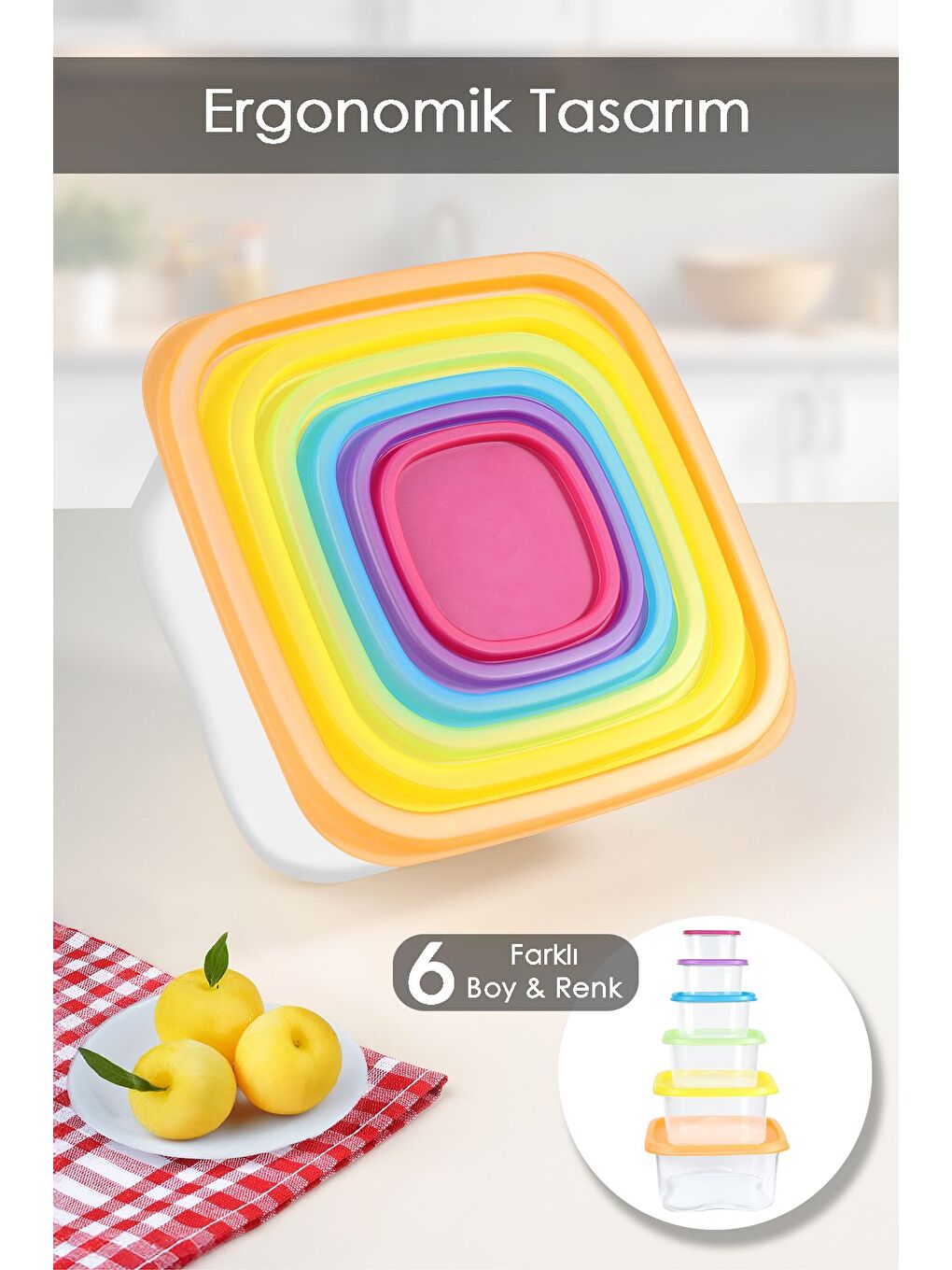 Karışık 6'lı Kare Erzak Gıda Saklama Kabı Seti Mikrodalga ve Derin Dondurucuya Uygun Saklama Kabı Renkli-3