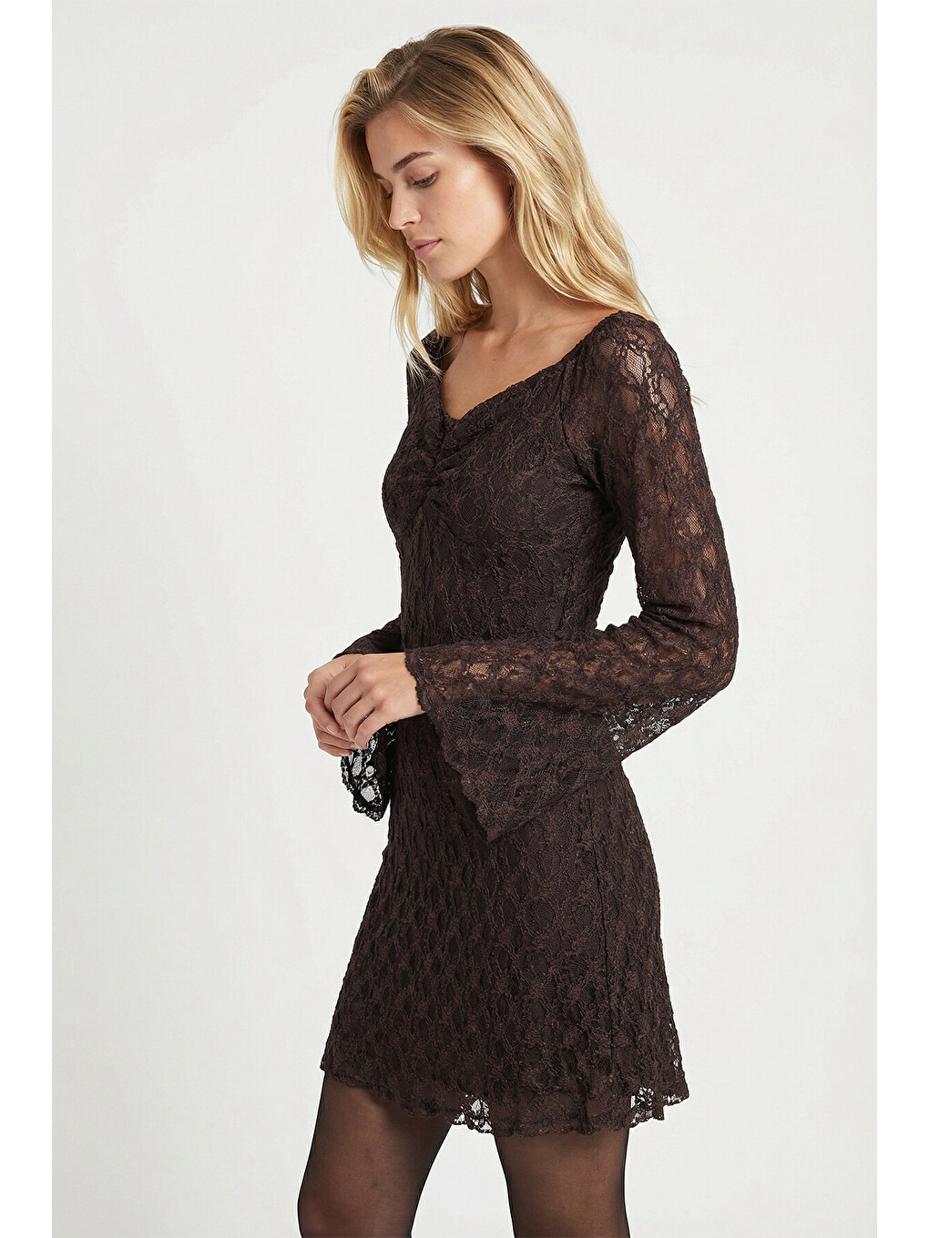 Kahverengi Dantel Mini Bardot Elbise KAHVERENGİ LZV0051-2