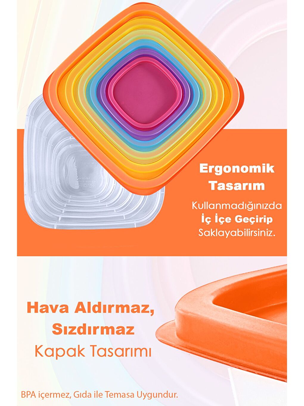 Karışık 6'lı Kare Erzak Gıda Saklama Kabı Seti Mikrodalga ve Derin Dondurucuya Uygun Saklama Kabı Renkli-4