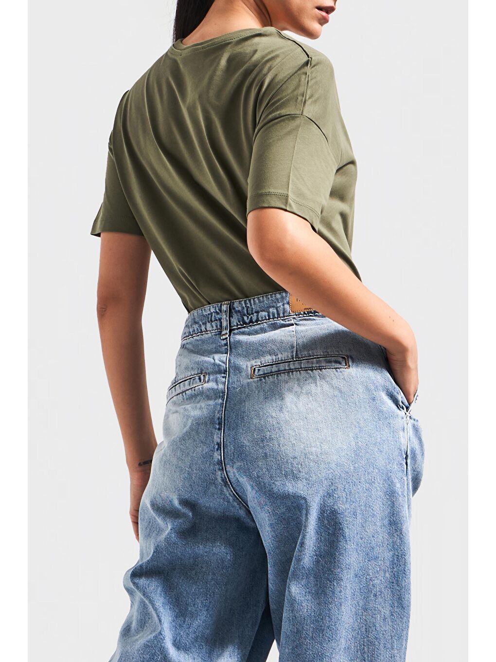 Kadın Haki Renk S5 %100 Pamuk Bisiklet Yaka Basic T-Shirt-4