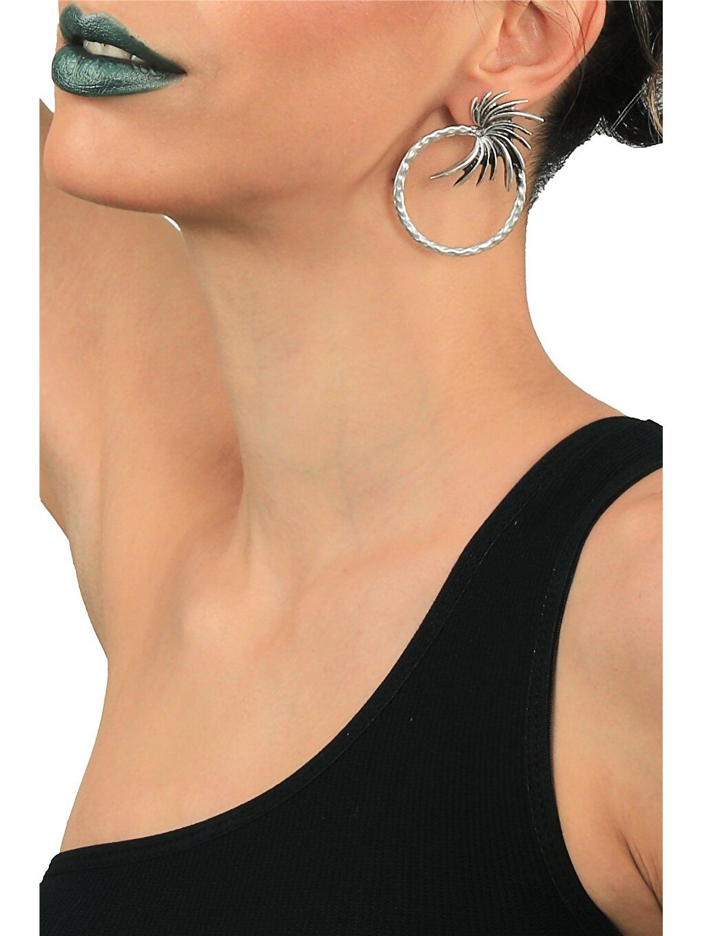 Gri Kadın Antik Gümüş Kaplama Çivili Model Halkalı Sırça Küpe-1