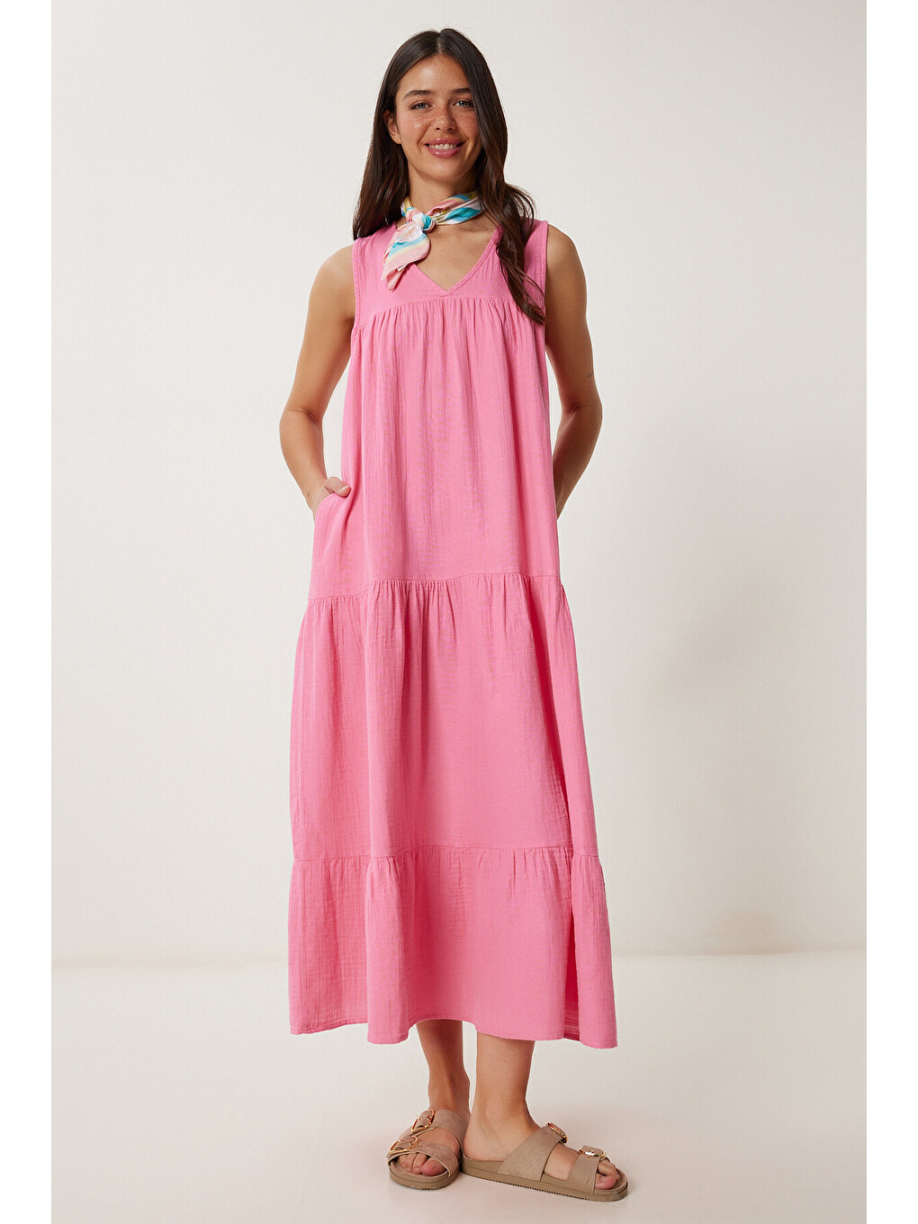 Pembe Volanlı Yazlık Müslin Elbise PEMBE LMX0087-2