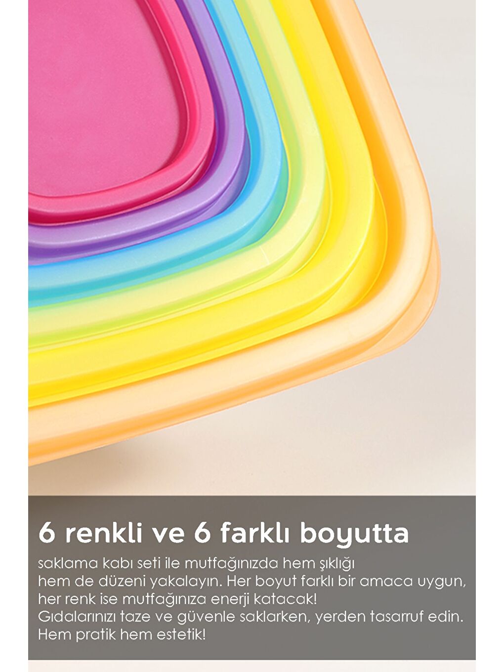 Karışık 6'lı Kare Erzak Gıda Saklama Kabı Seti Mikrodalga ve Derin Dondurucuya Uygun Saklama Kabı Renkli-5