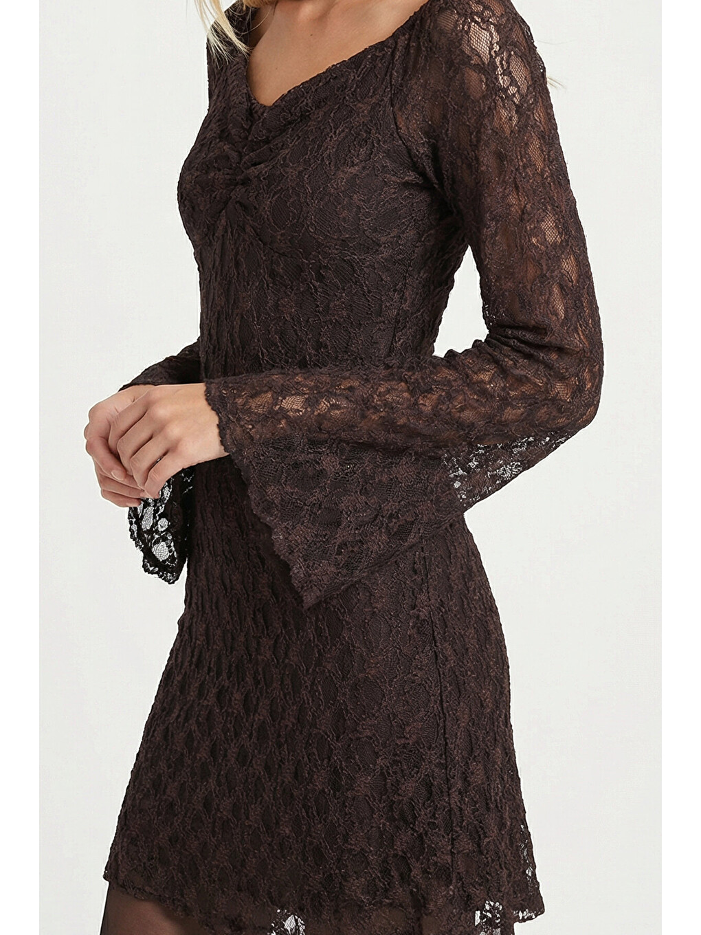 Kahverengi Dantel Mini Bardot Elbise KAHVERENGİ LZV0051-3