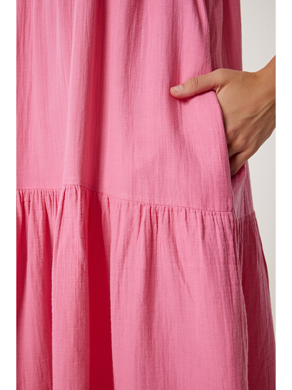 Pembe Volanlı Yazlık Müslin Elbise PEMBE LMX0087-4