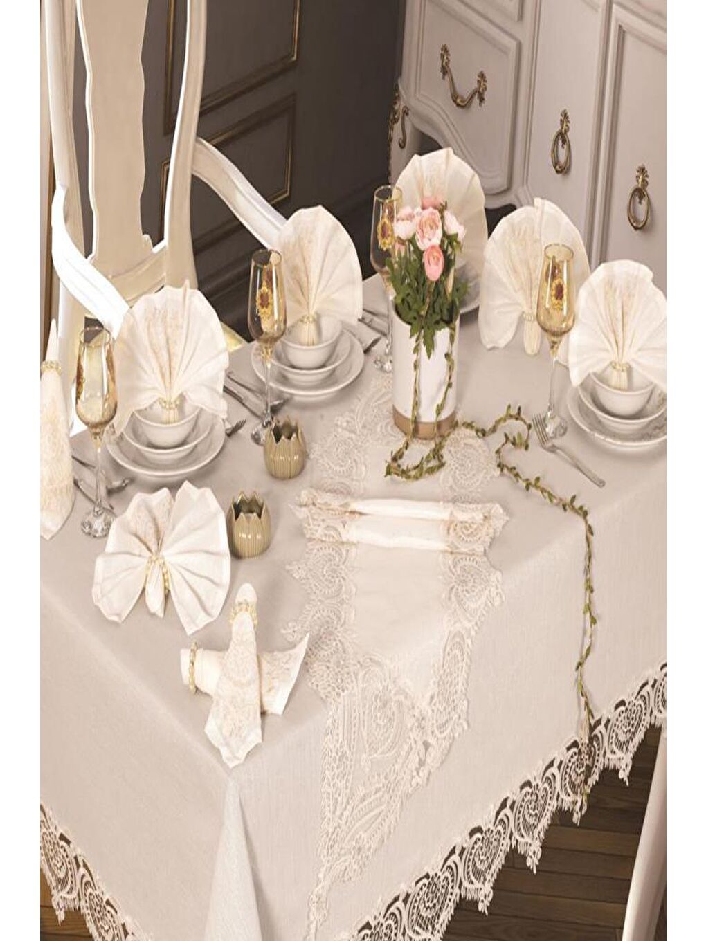 Ekru Rose Heart Masa Örtüsü 26 Parça Krem-5