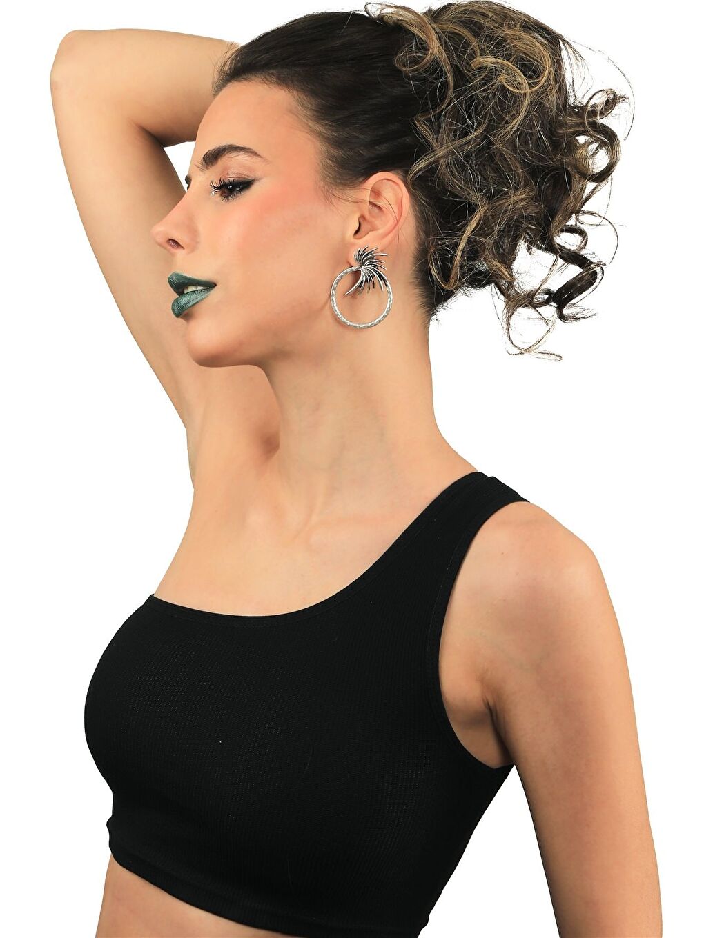 Gri Kadın Antik Gümüş Kaplama Çivili Model Halkalı Sırça Küpe-4