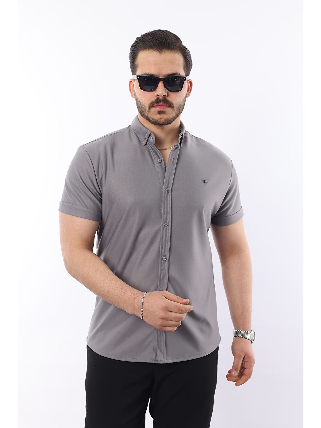 Gri Erkek Kısa Kollu Slim Fit Yazlık Basic Gömlek