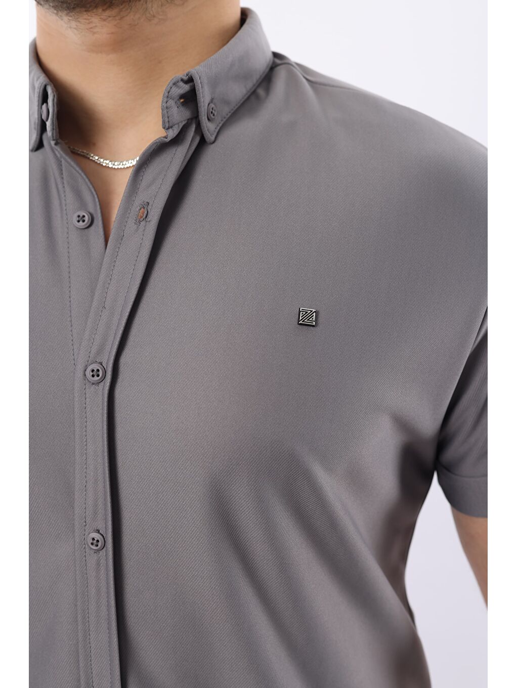 Gri Erkek Kısa Kollu Slim Fit Yazlık Basic Gömlek-1