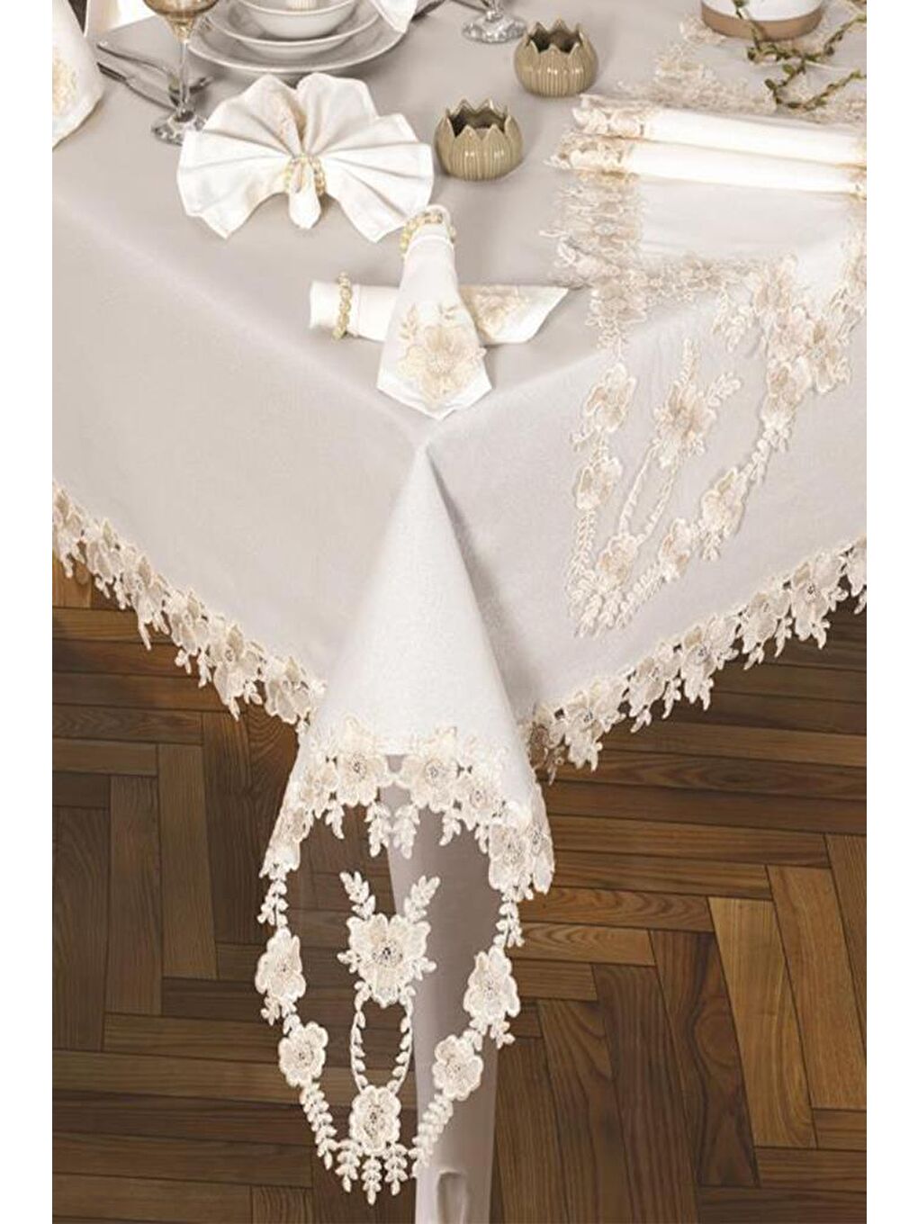 Ekru Daisy Love Masa Örtüsü 160x220 Cm 26 Parça Krem-2