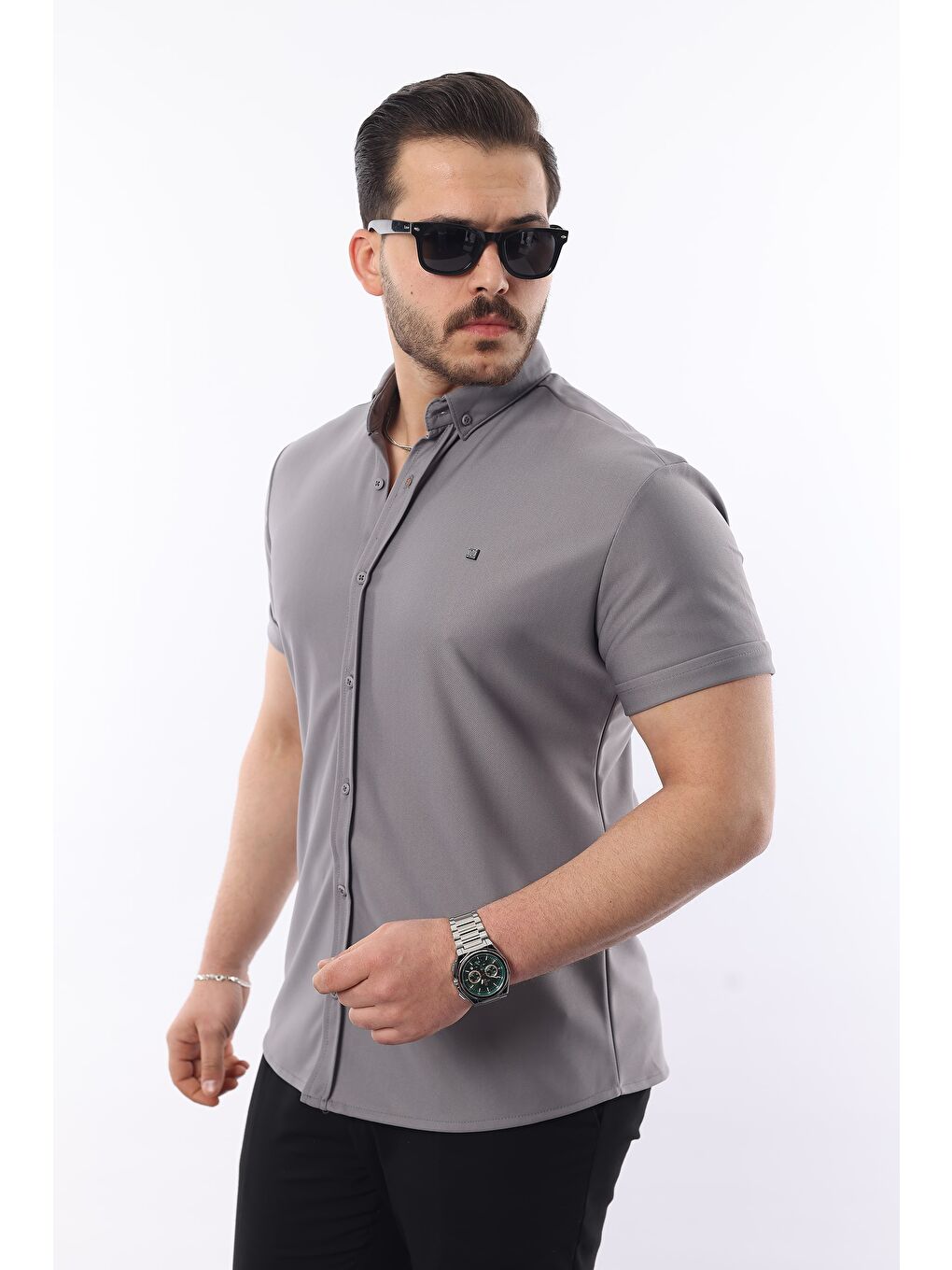 Gri Erkek Kısa Kollu Slim Fit Yazlık Basic Gömlek-2