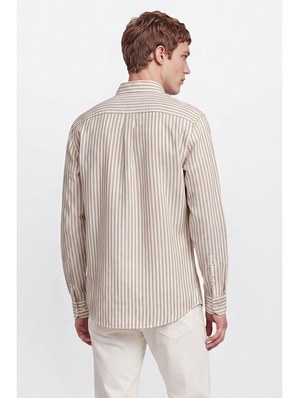 Erkek Haki-beyaz %100 Pamuk Comfort Fit Rahat Kesim Düğmeli Yaka Çizgili Gömlek-4