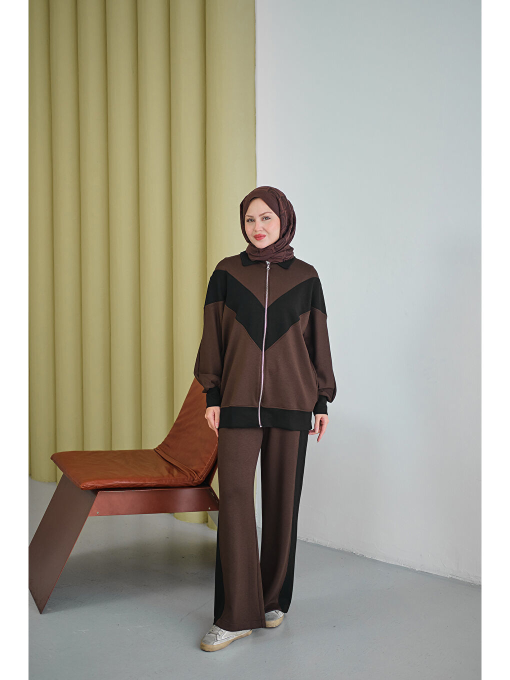 Kadın Çift Renk Detay İkili Takım Kahverengi